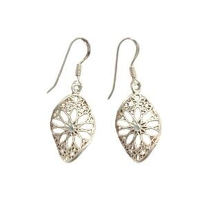 Italy 925 Sterling Silver Dangle Drop Earrings Filigree Flower White Crystal